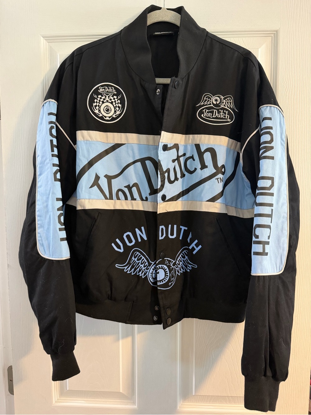 Von Dutch Black and Light Blue Logo Varsity Bomber Jacket